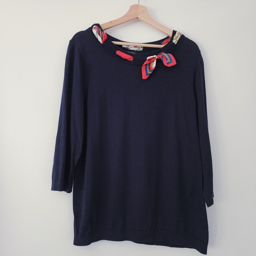 Talbots Plus 1X Blue‎ Knit Sweater w/ Silk Scarf Detail Nautical Preppy - Picture 2 of 6